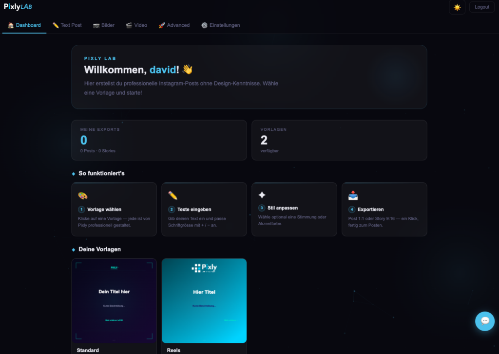 Dashboard PixlyLAB, als screenshoot